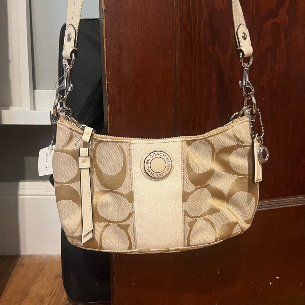Small Coach F19128 Signature Beige Jacquard Stripe Handbag